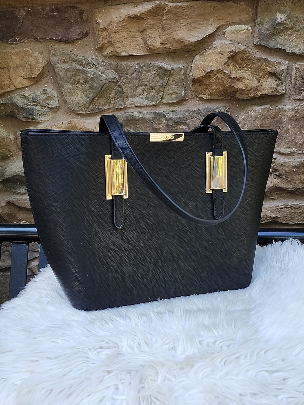 NWT ALDO AFADOLLA BLACK FAUX SAFFIANO LEATHER TOTE BAG